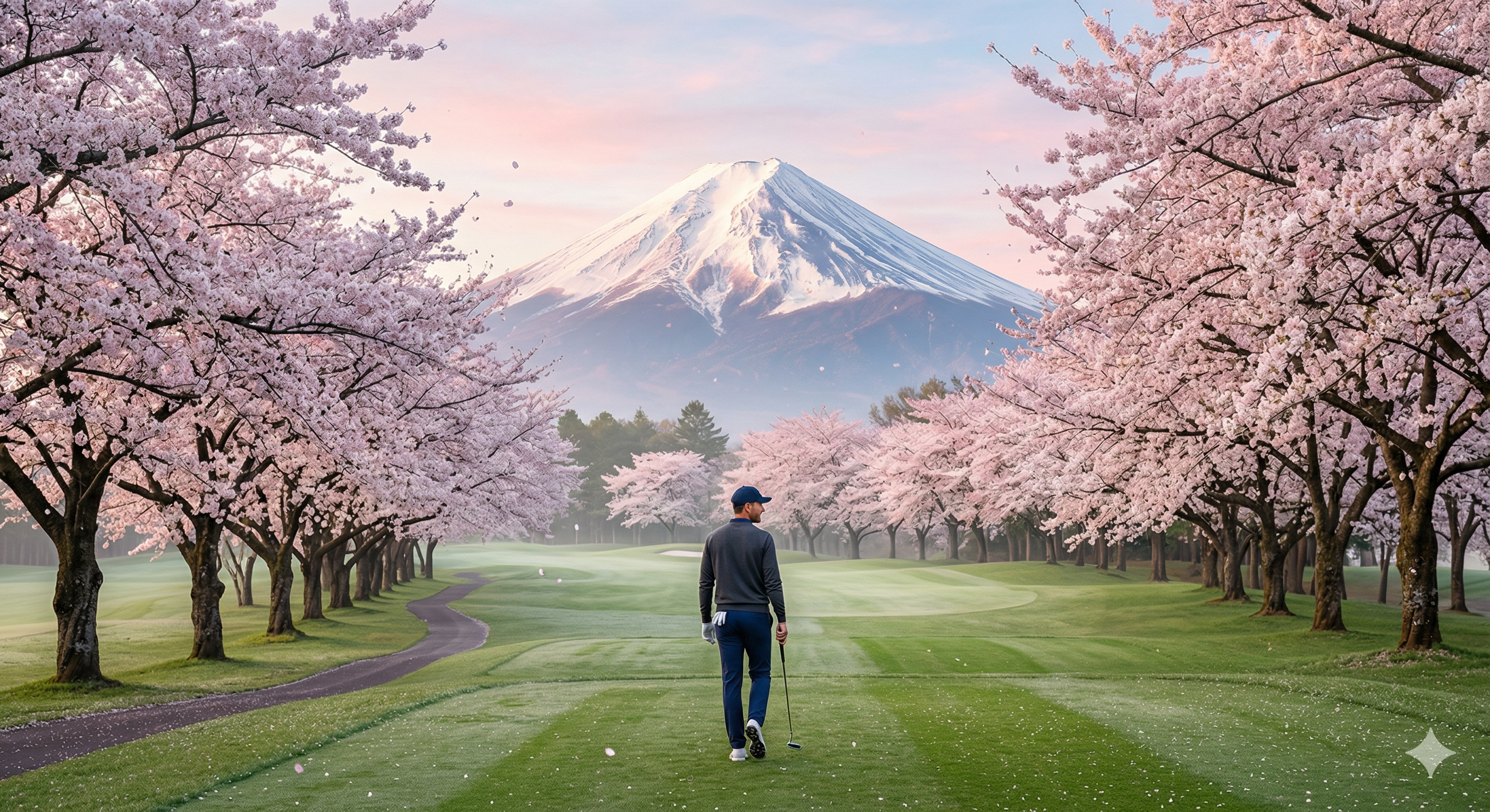 Mount Fuji and golf course in spring — cherry blossoms placeholder
