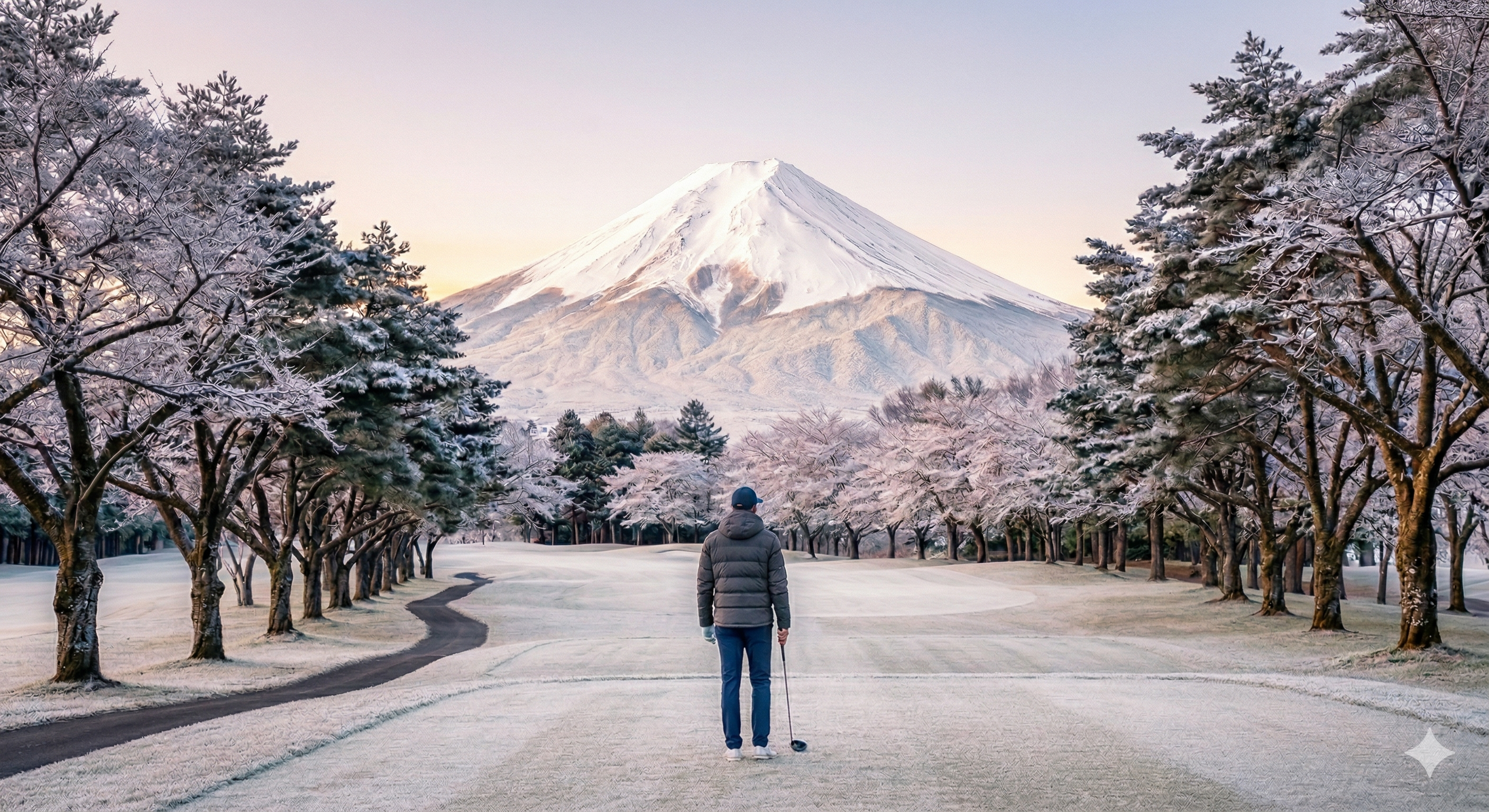 Mount Fuji and golf course in winter — snow-covered peak placeholder